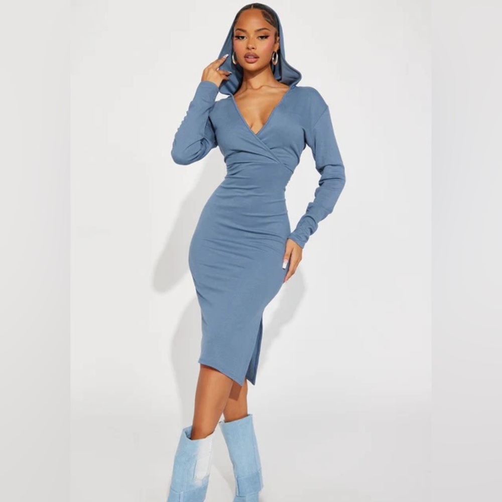 Fashion Nova Willow Hooded Midi Dress (Blue)